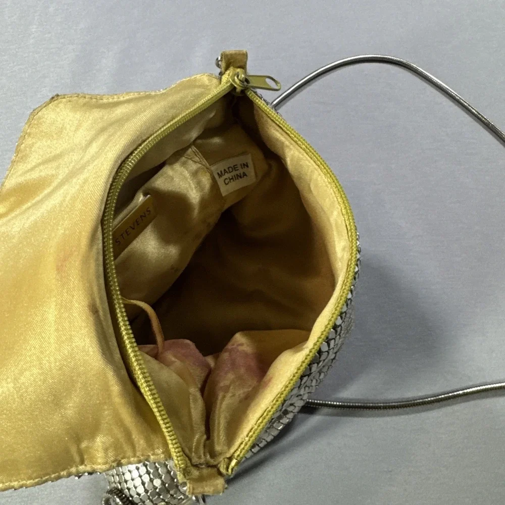 Valerie Stevens Silver Metal Mesh Evening Bag Metal Strap Mini Purse Mirror CUTE